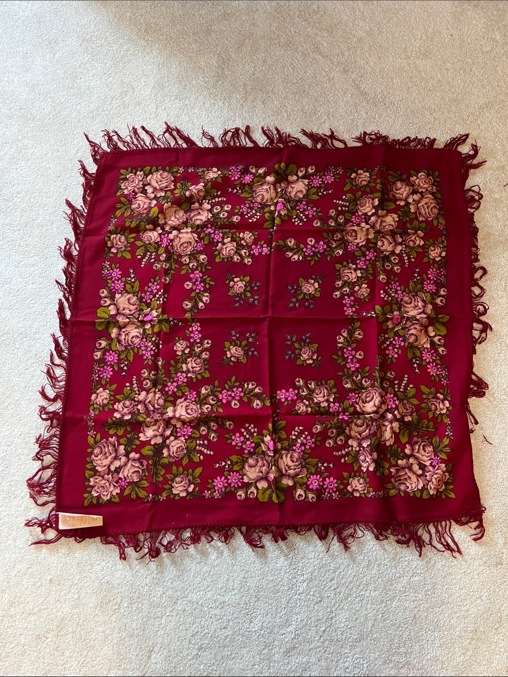 Russian Pavlovo Posad Shawl Wool Floral Fringe Square Burgundy with Pink Roses